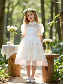 SHEIN Glamorique Kids Girls Floral Embroidery Mesh Puff Sleeve Summer Party Dress, Suitable For Parties And Gatherings, Showcasing Nobility And Elegance - Green - View 1