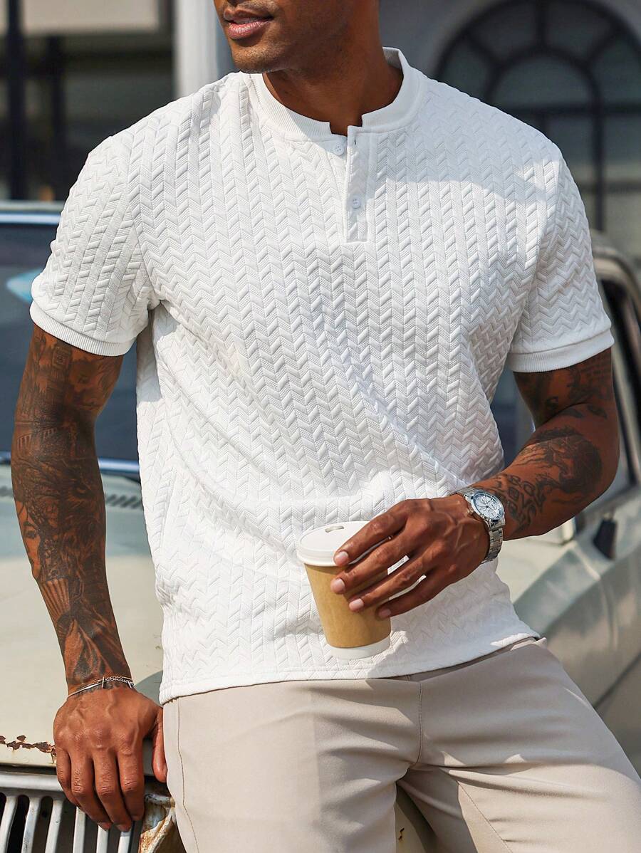 Manfinity Homme Men's Summer Casual Solid Color Textured Short Sleeve Polo Shirt - White - View 1