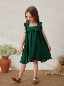 Blossori Vestido sin mangas con volantes y ribete verde para niñas en vacaciones en el campo