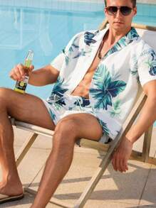 Manfinity VDAYZ Men's Tropical Print Shirt And Shorts Beach Set - White - View 8