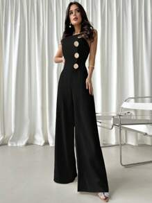Firerie Women's Elegant New Luxury Modern Metal Decor Jumpsuit - Black - View 3