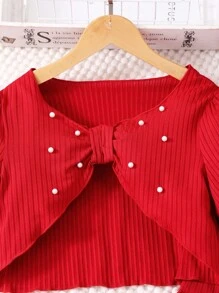 Tween Girls Pearl Puff Sleeve Top & Solid Ribbed Camisole Summer Casual Dress Set - Red - View 8