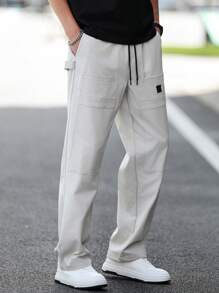Manfinity Homme Men's Casual Light Grey Structured Patchwork Straight Overalls,Autumn Streetwear City Break Solid Color Straight Pants For Music Festivals & Daily - Beige - View 3