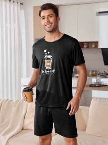 Simple Coffee Cup Print Casual Men Pajamas Set - Black - View 5