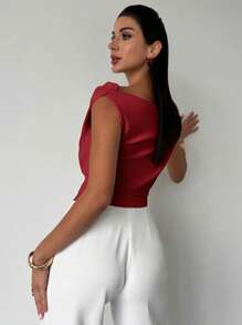 Firerie Dam Elegant Minimalistisk Snygg asymmetrisk vikkrage Vit Cropped Top, Lämplig för daglig pendling, musikfestivaler och semester, vår/sommar - Bourgogne - Visa 2