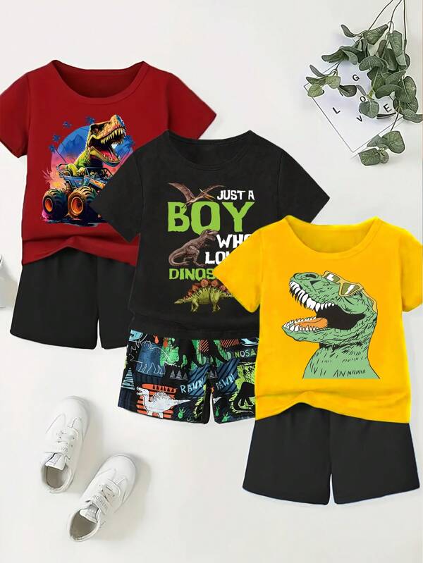 GraphicGems 3sets Toddler Boys' Casual Fashionable Colorful Dinosaur & Car Graphic Print Round Neck Short Sleeve T-Shirt And Shorts Set