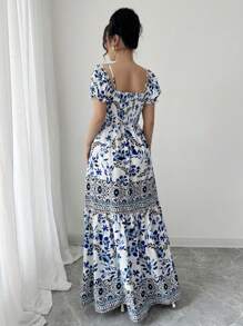 Elenzga Robe fleurie décontractée pour les vacances avec encolure carrée et manches bouffantes élégante pour femme - Bleu azur - Voir 2