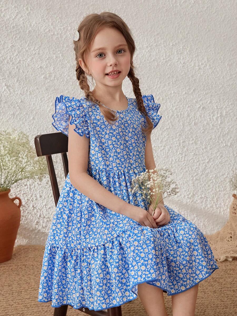 SHEIN Young Girls Blue Floral Print Ruffle Sleeve Round Neck Dress - Blue - View 1
