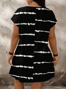 SHEIN LUNE Plus Size Striped & Color Block Print Casual Loose Short Sleeve Dress, Summer - Black - View 2
