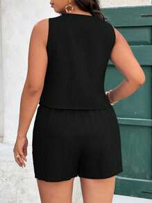 SHEIN Frenchy Conjunto de 2 piezas de talla grande para mujer con top de tirantes y pantalones cortos de tejido azul, conjunto casual de oficina, diario y para vacaciones - Negro - Ver 2