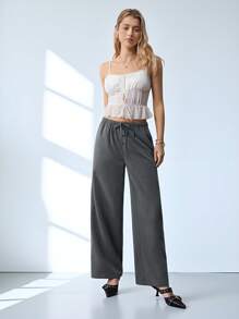 SHEIN EZwear Damen graue, lose, gerade geschnittene Hose aus Gewebe mit Taschen, Lässig-Stil - Grau - Übersicht 2