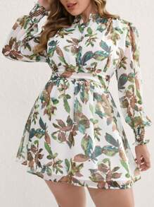 Aveloria Rosie 加大码优雅雪纺花卉印花腰部收紧透视性感分层泡泡袖长袖迷你连衣裙，适合度假波西米亚风时尚风格全身印花