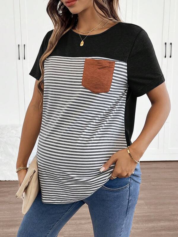 SHEIN Maternity Casual Striped Knitted T-Shirt With Pocket: Comfortable And Stylish Semi-Sheer Top With Round Neck And Short Sleeves For Everyday Wear