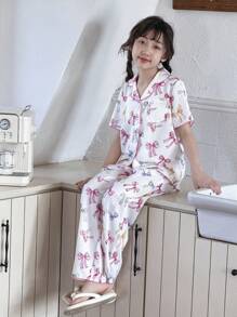SHEIN Tween Girl Cartoon Colorful Bow Print Collared Button Down Short Sleeve Loose Woven Pajama Set, 2pcs - Baby Pink - View 3