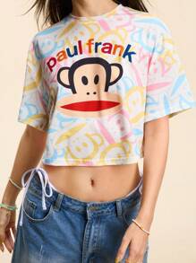 Paul Frank X SHEIN Camiseta de manga corta de cuello redondo con estampado de letras y monos, informal, para el verano