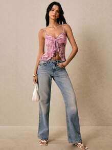 Poéselle 女士花卉印花网眼吊带背心，抽绳荷叶边下摆度假可爱吊带背心，夏季波西米亚风海滩春季 Y2k 上衣 - 粉色 - 查看 5