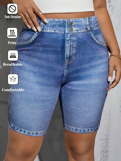 SHEIN Essnce Plus Size Women's Casual Knitted Fabric Denim Print Breathable Comfortable Zipper Detailing Short Shorts