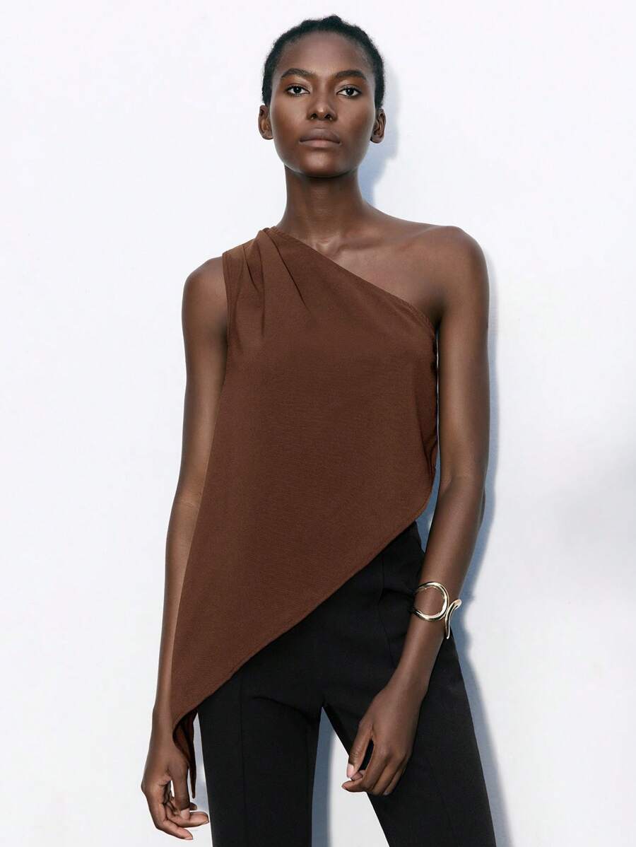 Maija Women's Casual Asymmetric Ruched Sleeveless Blouse, Brown, Suitable For Business And Leisure Wear