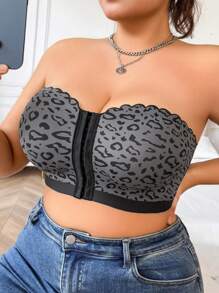 Women Plus Size Seamless Wireless Front-Clasp Padded Cami Bra, Leopard Print Wave Edge, Sexy