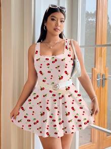 SHEIN EZwear Plus Size Women Cherry Ditsy Floral Pattern Printed Jumpsuit With Pockets, Casual Wear Suitable For Spring And Summer Outdoor And Vacation