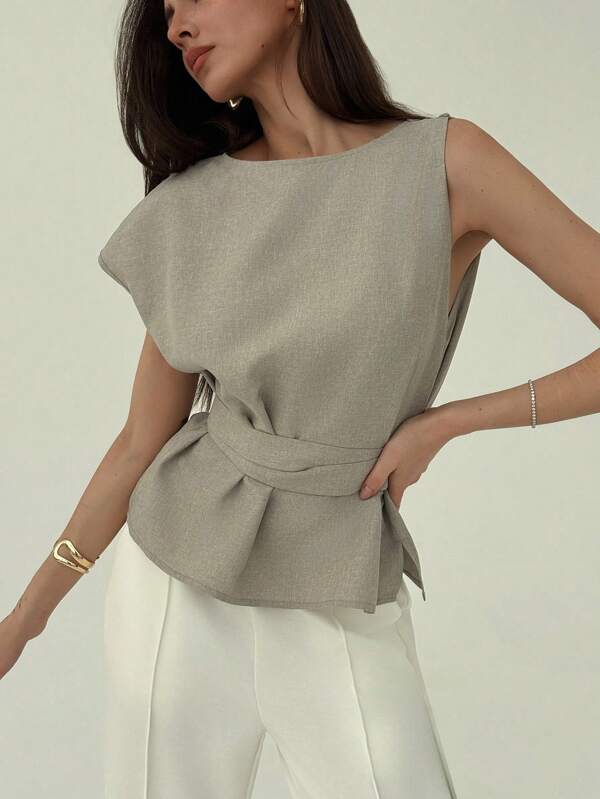 Aloruh Spring/Summer New Minimalist Short Sleeve Asymmetric One Shoulder Cinched Waist Slim Linen Shirt