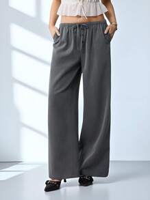 SHEIN EZwear Damen graue, lose, gerade geschnittene Hose aus Gewebe mit Taschen, Lässig-Stil - Grau - Übersicht 7