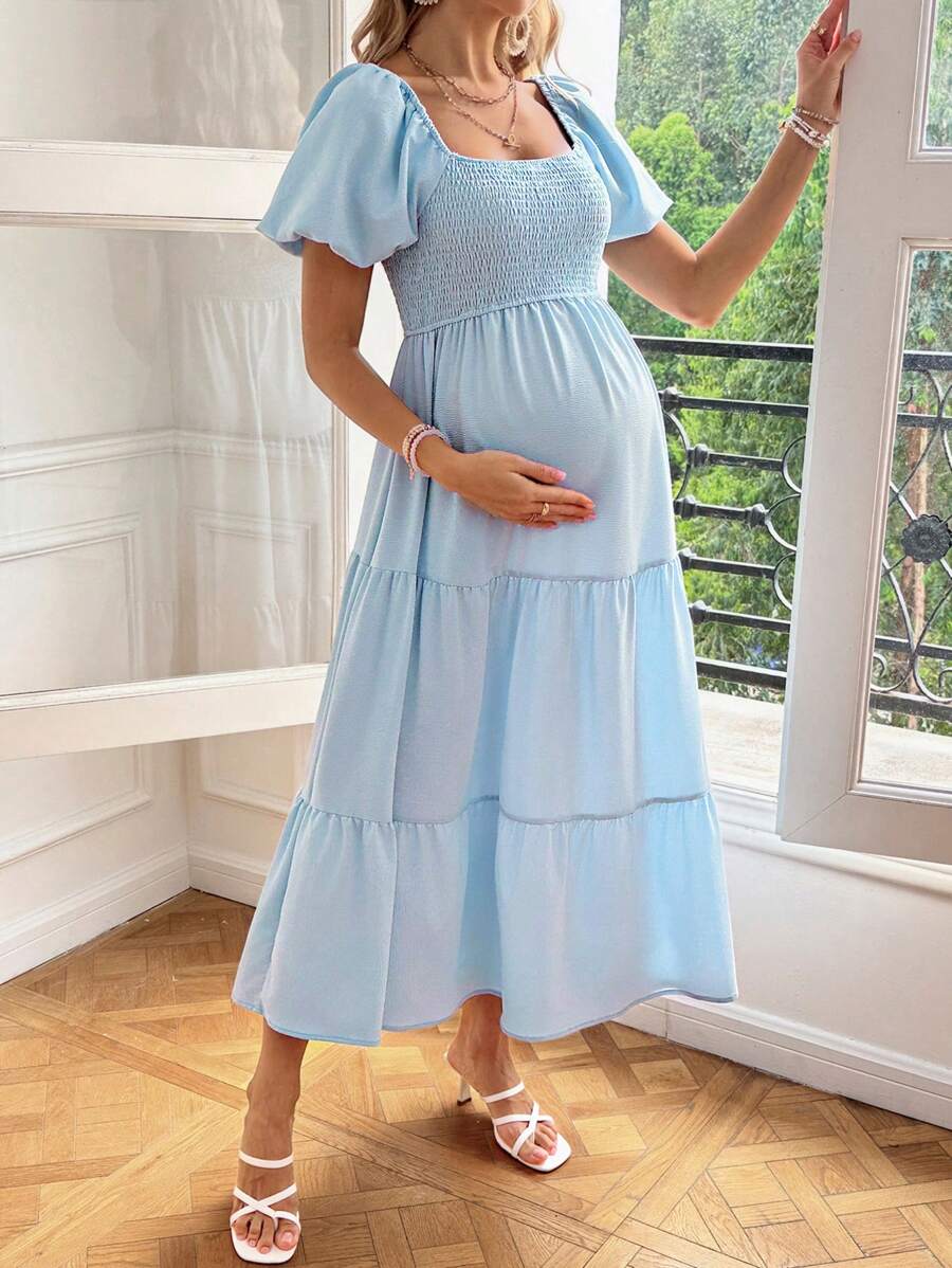 SHEIN 孕婦純色百褶休閒日常夏季洋裝 - 淺藍色 - 查看 1