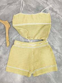 INAWLY 2pcs Women Contrast Color Hollow Camisole Top & Knitted Shorts Set - Multicolor - View 2