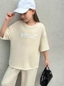 Firerie Kids Firerie Kids Nova Glow 2pcs Tween Girl Set: Casual Letter Print Loose Fit Crew Neck T-Shirt + Printed Pants - Beige - View 4