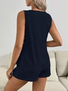SHEIN 2pcs Maternity Casual Solid Color Tank Top And Adjustable Waist Shorts Set - Navy Blue - View 2
