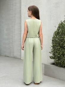 Firerie Kids Nova Glow 少女休闲街头风纯色无袖上衣和直筒裤两件套 - 薄荷綠 - 查看 2