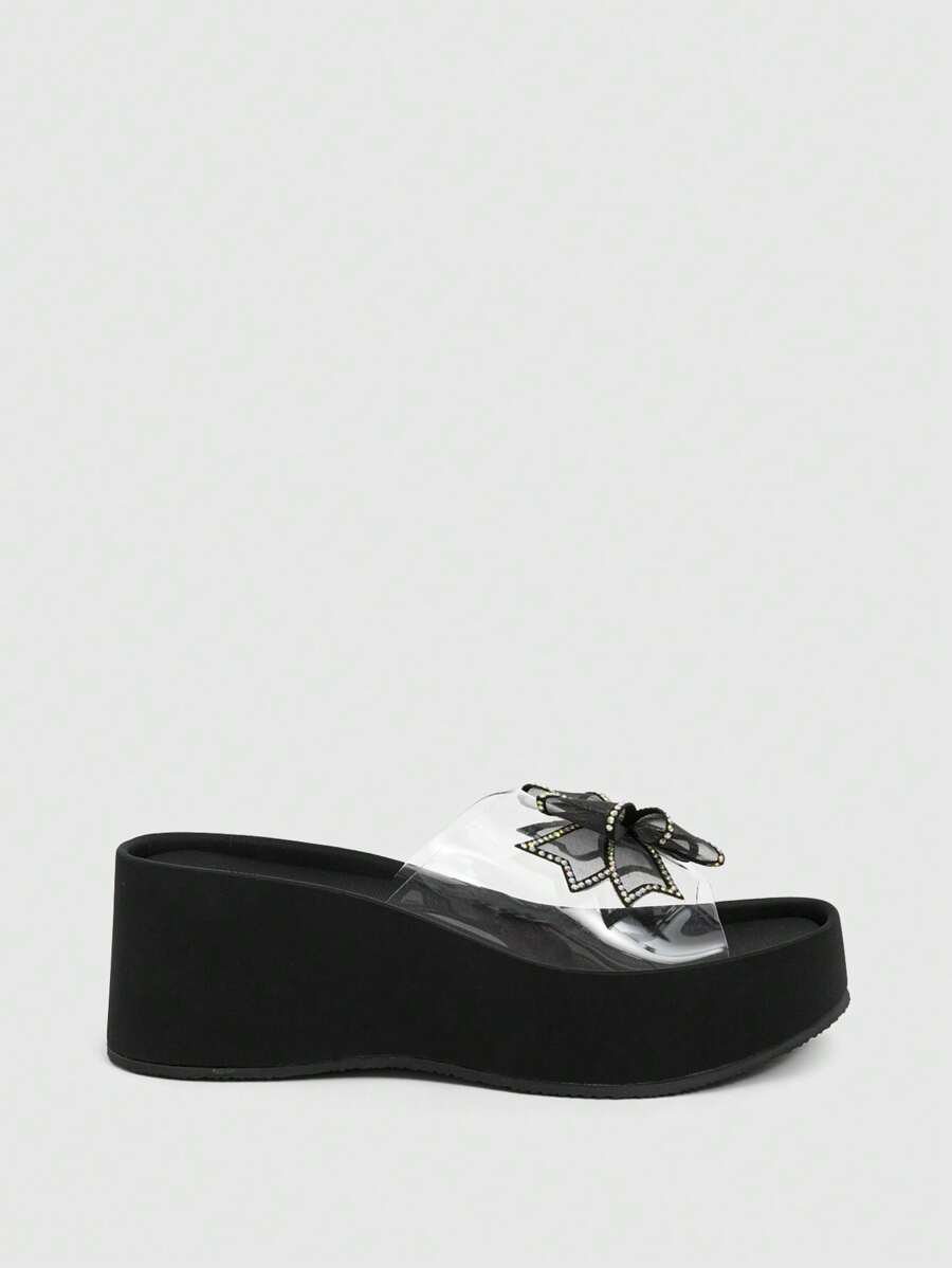 Sugerpunk Women's Summer New Plus Size Wedge Heel Butterfly Transparent PVC Slide Sandals, Plus Size Black Wedge Shoes - Black - View 1