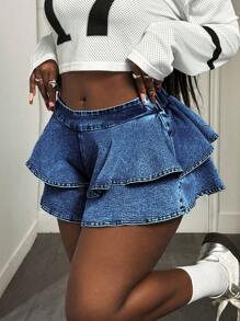 Slaydiva Sexy Party Women Ruffled Hem Fashion Denim Shorts - Dark Wash - View 1