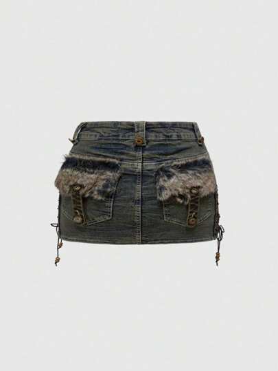 Grunge Punk Jupe mini moulante avec design de ceinture à nouer et poches, style Y2K, Kpop, rétro (avec culotte incluse)