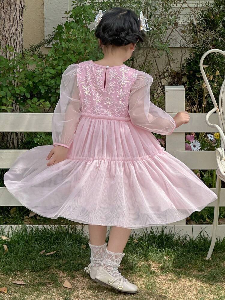 Young Girls Round Neck Layered Mesh Long Sleeve Party Dress