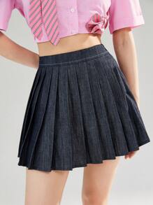 Aveloria GENKIRA Denim Effect Versatile Fashion Pleated Mini Skirt, Summer - Navy Blue - View 3
