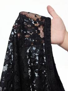 ROMWE Grunge Punk Gothic Lace Sexy & Romantic Ball Gown Cake-Shaped Skirt, Layered & Bow Decor, Sheer Tie Waist, Plus Size Black Leggings, For Graduation Season - Black - View 3