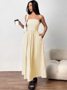 SHEIN EZwear 女士夏季条纹印花无袖抹胸连衣裙 - 淡黃色 - 查看 4