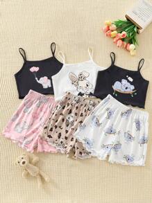 女童无袖卡通动物印花上衣和短裤睡衣三件套，休闲家居服