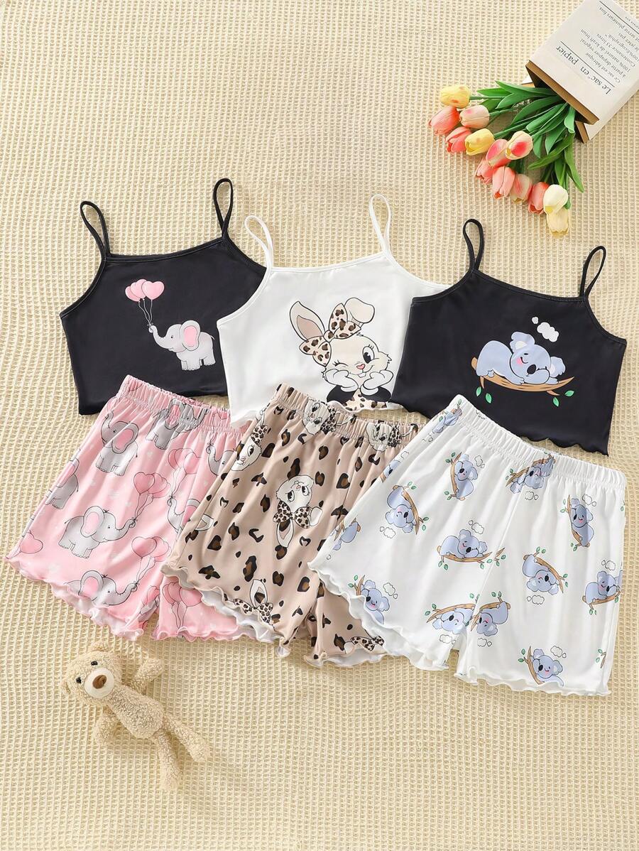 女童无袖卡通动物印花上衣和短裤睡衣三件套，休闲家居服