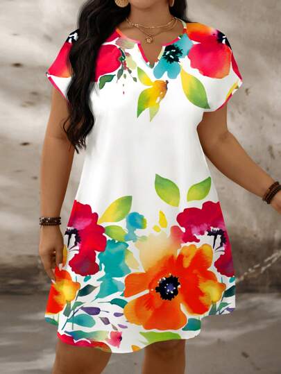 EMERY ROSE Vestido de verano con escote en V entallado, mangas murciélago y estampado floral para tallas grandes