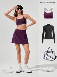 GLOWMODE VitalSwift Quick-Dry Pocket Drawstring Pleated Mini Skirt With Built-In Shorts Light Support Tennis Golf Gym Summer Quick Dry Moisture Wicking - Cherry Cola - View 7