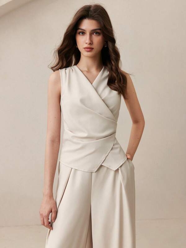BizChic 2025 Summer White Pleated Waist Sleeveless Women's Top & Vest Suit, Romantic Elegant Everyday Fashion Versatile Business Casual Outfit, Vintage Style Women's Casual Set, Women's Office Wear