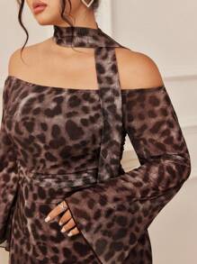 Modelyn Women's Leopard Print Ruffle Trim Mesh Overlay Dress - Coffee Brown - View 3