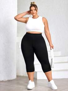 SHEIN CURVE+ Plus Size High Waist Black Skinny Leggings, Casual & Suitable For Summer, Cool Fabric Stretch Leggings, Curve Plus, Boho Vacation - Black - View 4
