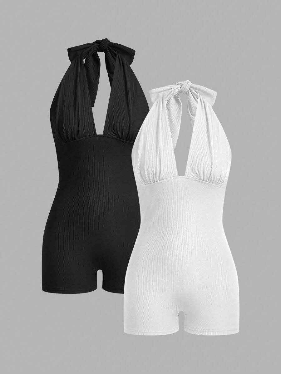 Slaydiva 2Pcs Women's Casual Ruched Bust Backless Halter Tied Waist Jumpsuit Set, Sexy Design Suitable For Summer - Multicolor - View 1