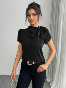 Islaluna Women's Casual Versatile Solid Color Tie Bow Flare Sleeve Blouse, Spring/Summer