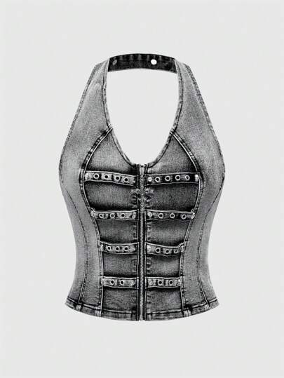 Grunge Punk Y2K Punk Crop Top With Cross, Zipper, Rivet Decor, Deep V Neck, Bodycon