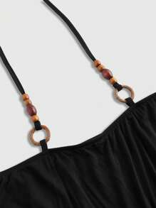 ROMWE Hippie 大码女式复古宽松露肩木珠装饰蝙蝠袖T恤 - 黑色 - 查看 3