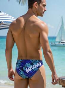 Manfinity VDAYZ Men's Tropical Plant Print Swimming Trunks, Hawaiian Swimwear For Men Swimming Suits For Men - Blue - View 2